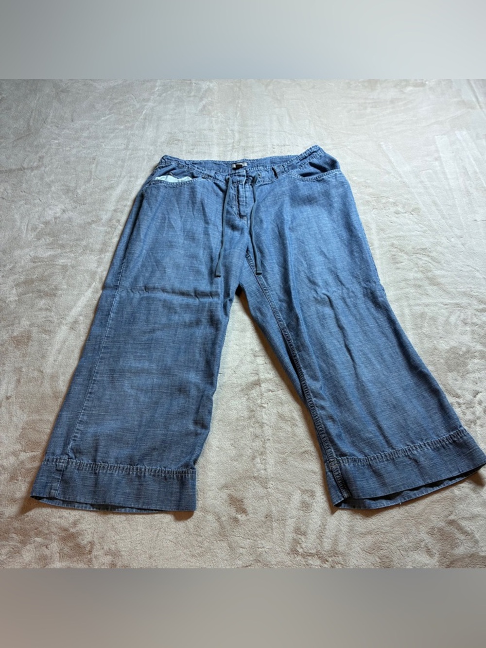 J.Jill Sz 10 Wide Leg Crop Pants Indigo Chambray Linen Blend Cuffed Coastal Boho